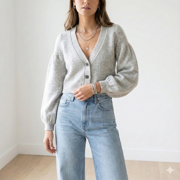 Mary Jane Knits Sweaters - Grey angora wool cropped cardigan with balloon sleeves - Small